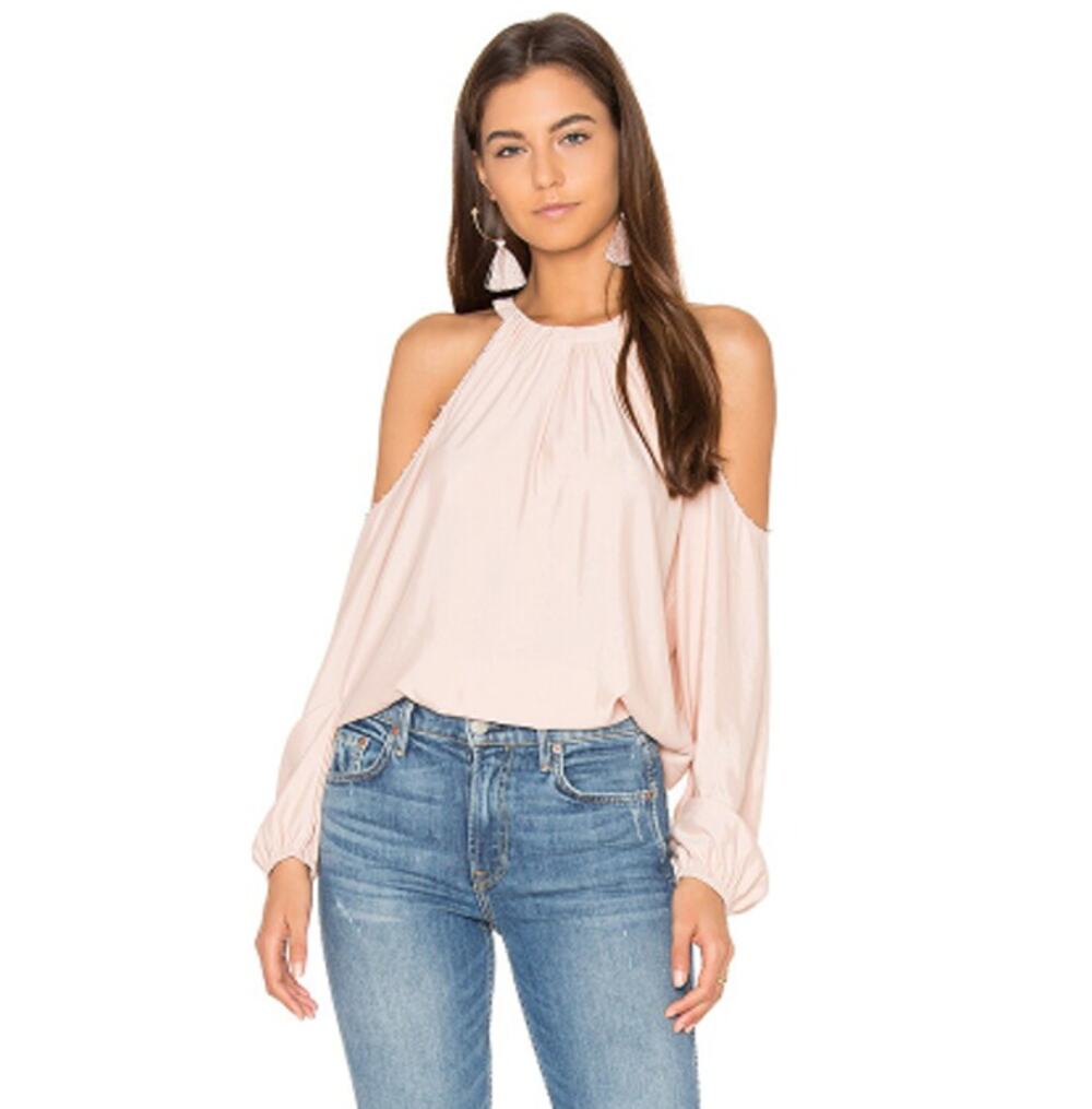 Ramy Brook Jackson Studded Cold Shoulder Long Sleeve Top Blouse Blush Pink Small